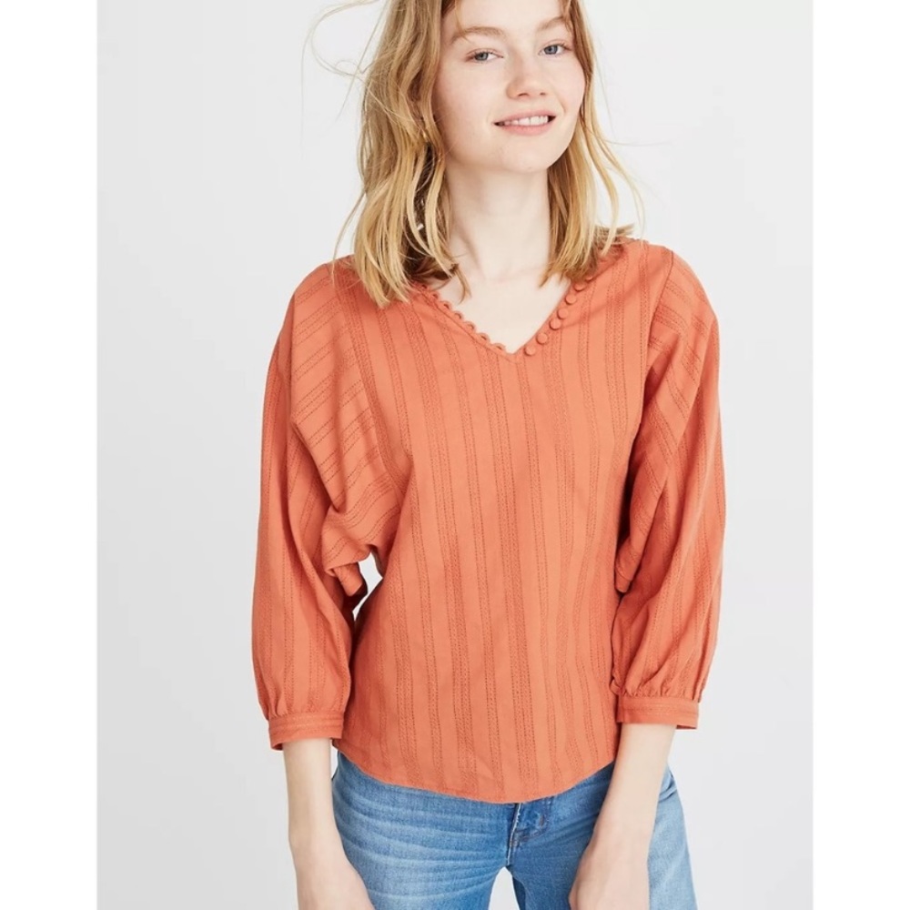 Madewell Raglan Peasant Textured Top In Stripe Balloon Sleeves Cotton XS